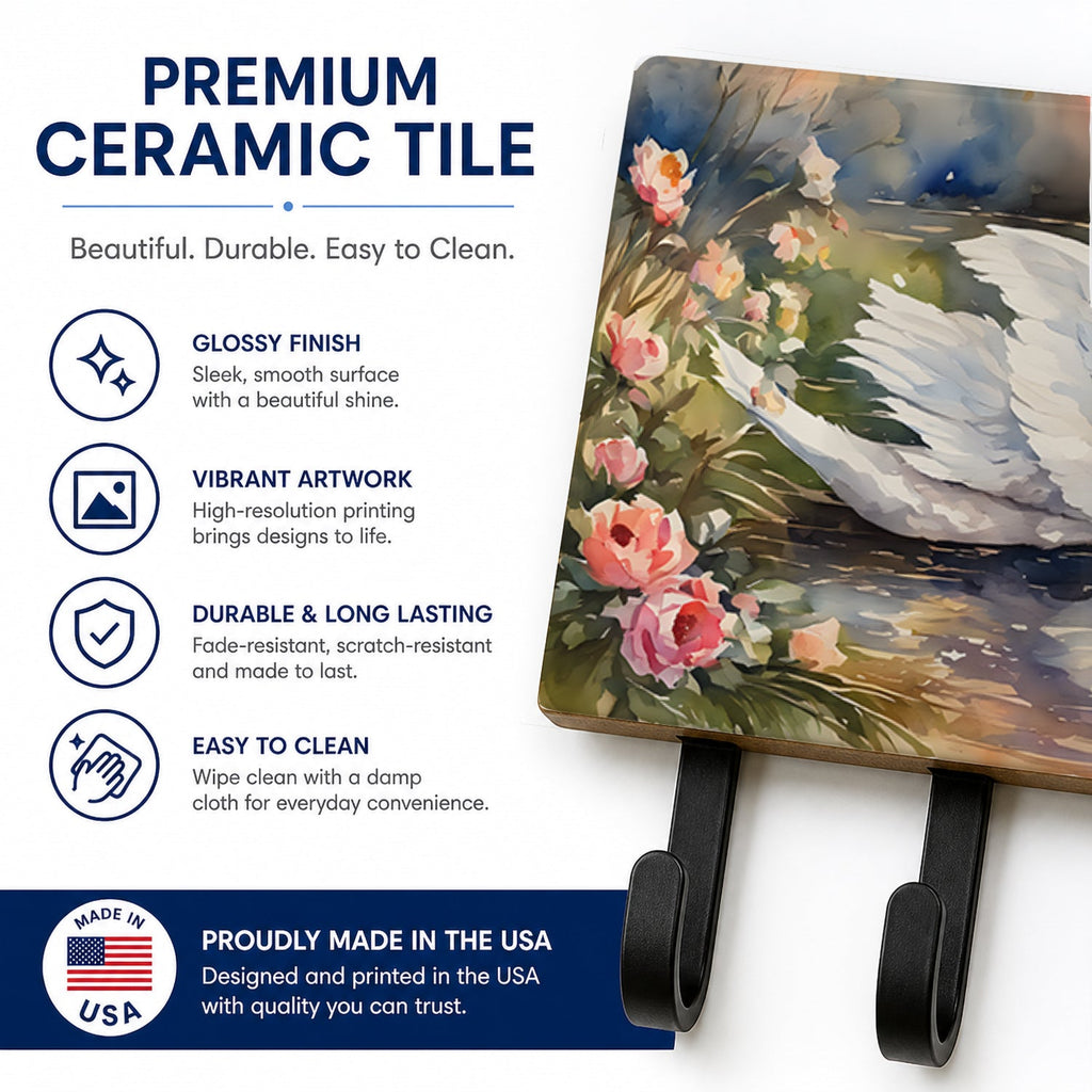 White Swan with Flowers Peaceful Watercolor Leash or Key Holder Wall Hooks, Coat Rack Wall Mount, for Hanging Keys, Towels, Aprons, Leashes