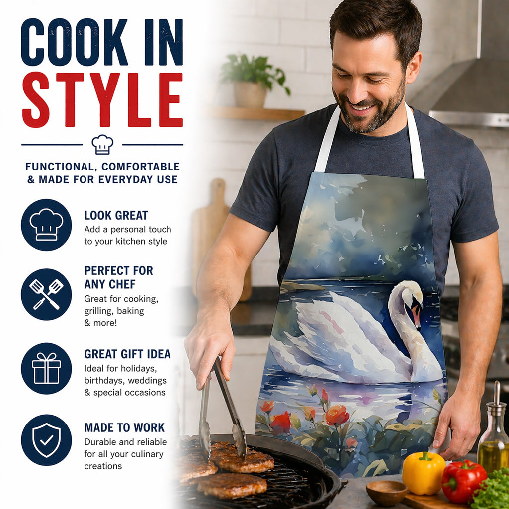 White Swan Lake with Flowers Watercolor Apron Cooking Kitchen Server Baking Crafts Gardening for Adult Women Men, Unisex, Large, Multicolor