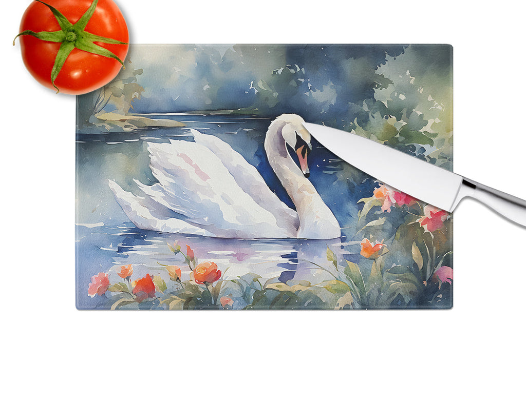 White Swan Lake with Flowers Watercolor Cutting Board Tempered Glass Kitchen Cutting Surface, Heat Resistant Chopping, Non-Slip Feet, Food Prep & Serving