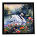 White Swan Lake with Flowers Watercolor Framed Metal Print Bathroom, Kitchen, Office, Home Decor Wall Art Ready to Hang, Square, 8X8