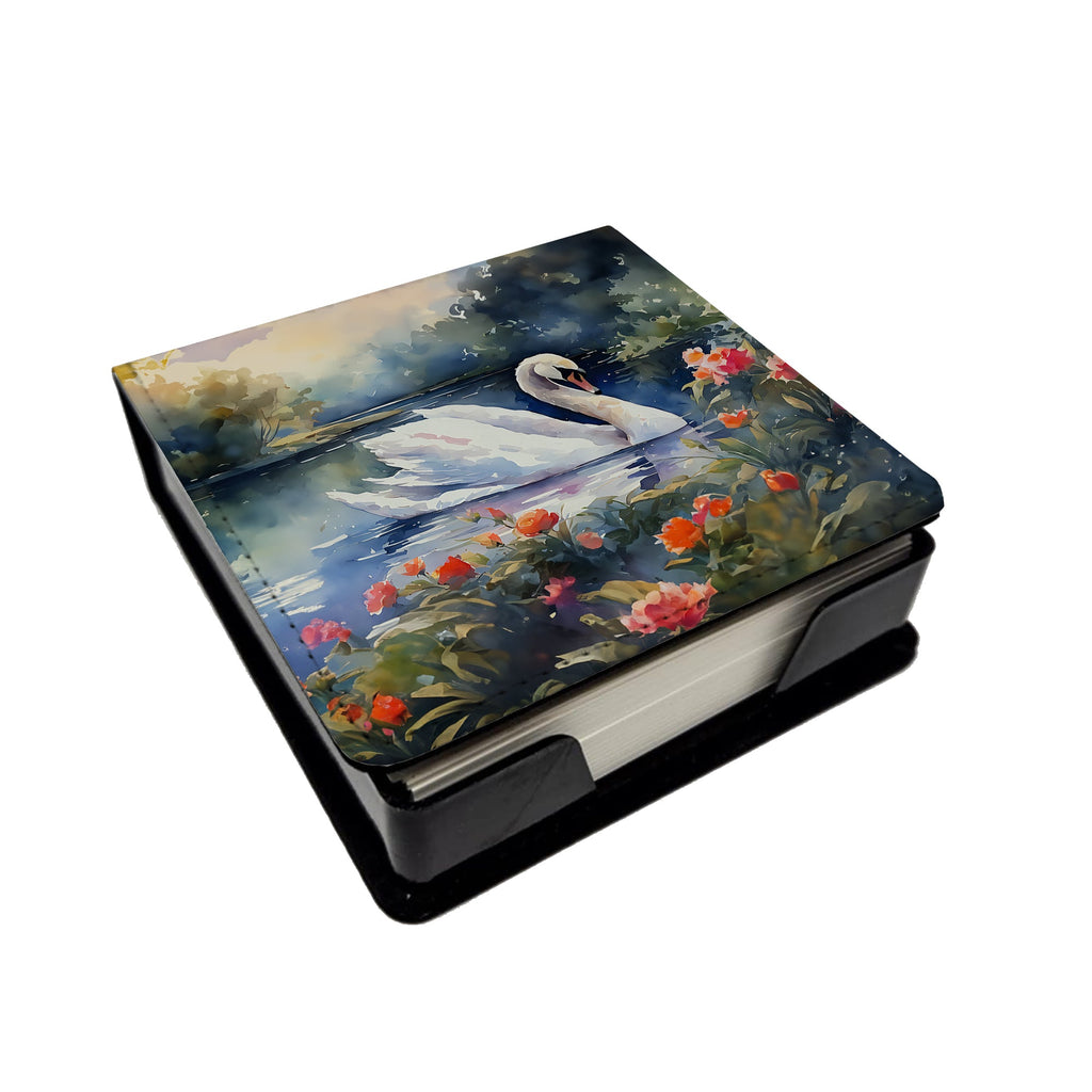 White Swan Lake with Flowers Watercolor PU Leather Note Paper Holder with Artist-Designed Cover, Desk Accessory, Office Gift