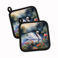 White Swan Lake with Flowers Watercolor Pot Holder Set of 2 Heat Resistant Quilted Hot Pads 7.5 x 7.5 Inch, Insulated Kitchen Trivets for Cooking & Baking