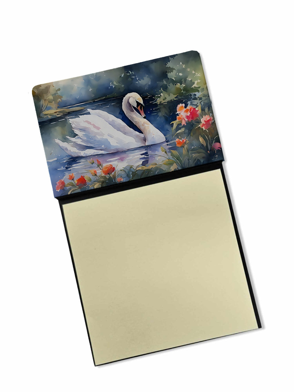 White Swan Lake with Flowers Watercolor Watercolor Sticky Note Holder Refillable Dispenser Desk Accessory 3x3 Pad Gift