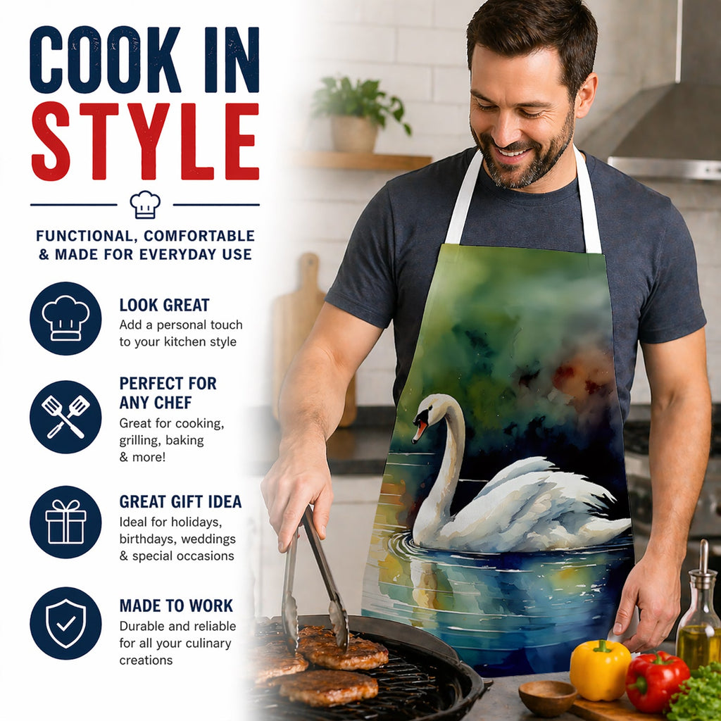 White Swan Swimming Calm Water Watercolor Apron Cooking Kitchen Server Baking Crafts Gardening for Adult Women Men, Unisex, Large, Multicolor