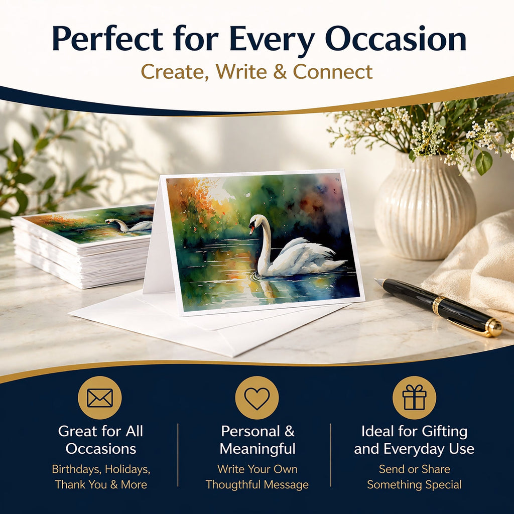 White Swan Swimming Calm Water Watercolor Greeting Cards Pack of 8 Blank Cards with Envelopes Whimsical A7 Size 5x7