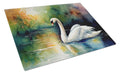 White Swan Swimming Calm Water Watercolor Cutting Board Tempered Glass Kitchen Cutting Surface, Heat Resistant Chopping, Non-Slip Feet, Food Prep & Serving