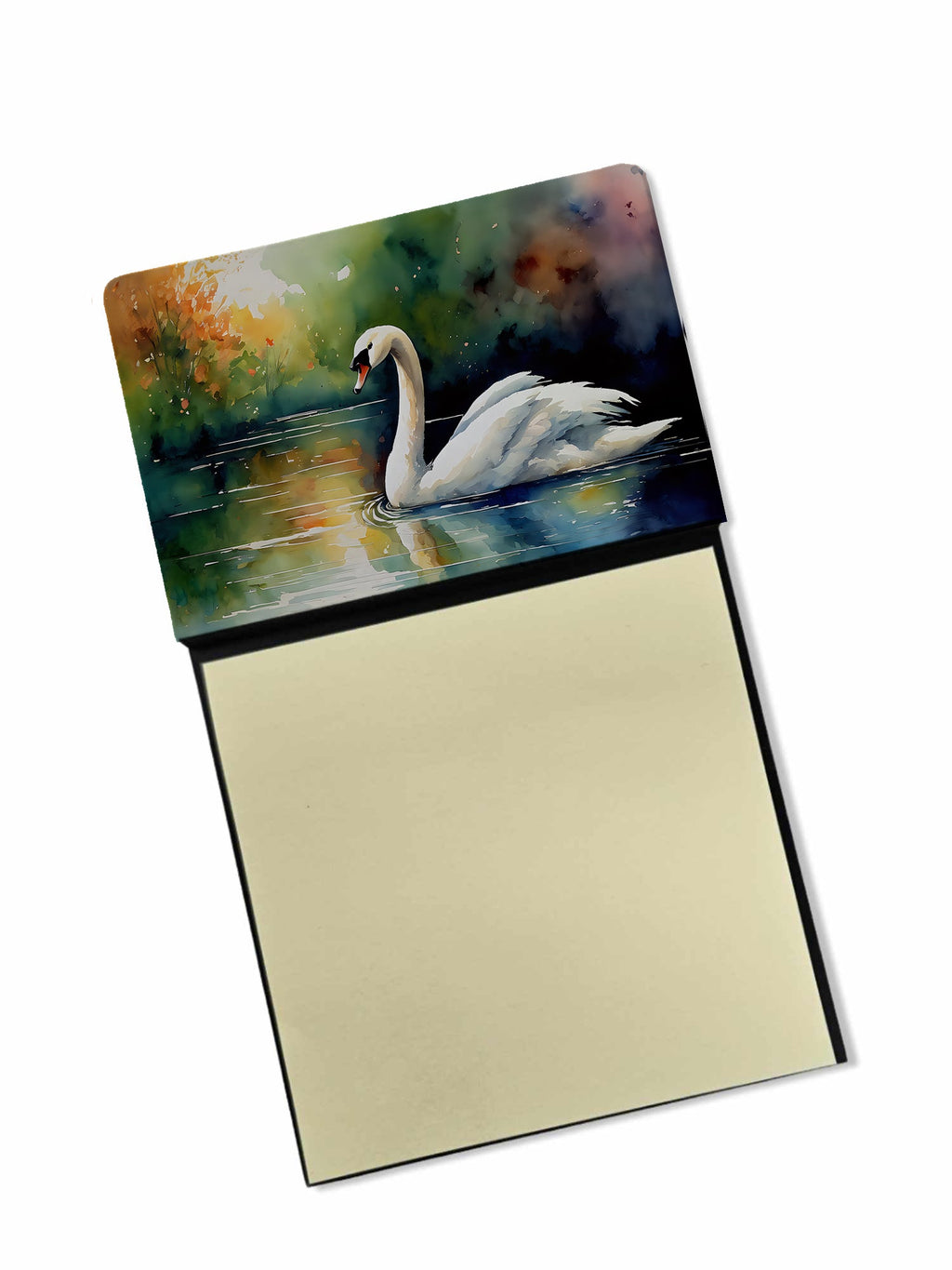 White Swan Swimming Calm Water Watercolor Watercolor Sticky Note Holder Refillable Dispenser Desk Accessory 3x3 Pad Gift