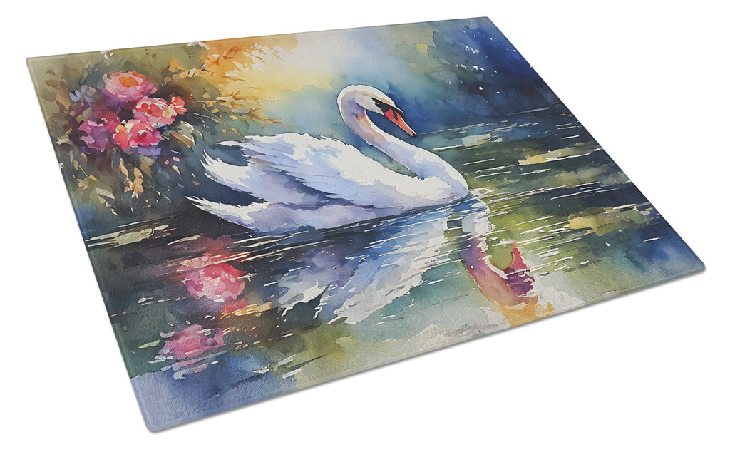 White Swan with Floral Reflection Watercolor Cutting Board Tempered Glass Kitchen Cutting Surface, Heat Resistant Chopping, Non-Slip Feet, Food Prep & Serving