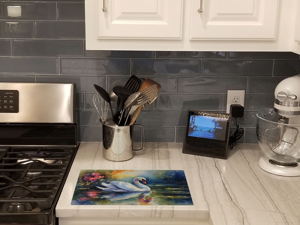 White Swan with Floral Reflection Watercolor Cutting Board Tempered Glass Kitchen Cutting Surface, Heat Resistant Chopping, Non-Slip Feet, Food Prep & Serving