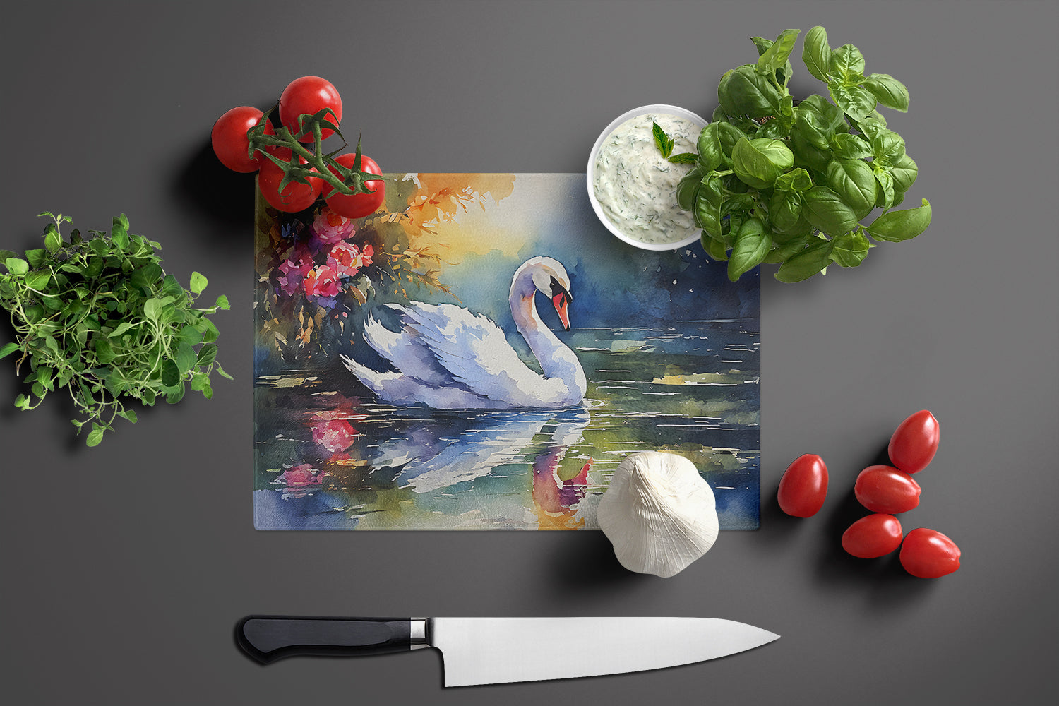 White Swan with Floral Reflection Watercolor Cutting Board Tempered Glass Kitchen Cutting Surface, Heat Resistant Chopping, Non-Slip Feet, Food Prep & Serving