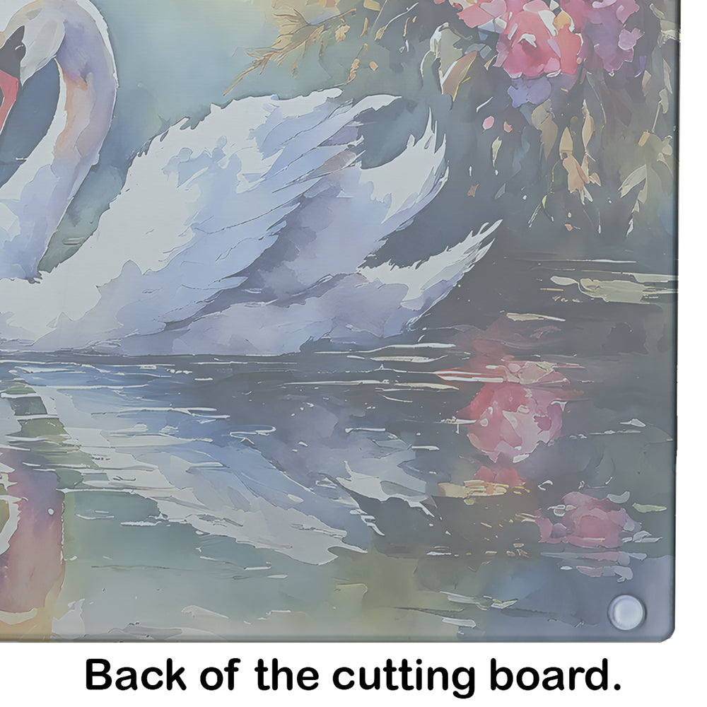 White Swan with Floral Reflection Watercolor Cutting Board Tempered Glass Kitchen Cutting Surface, Heat Resistant Chopping, Non-Slip Feet, Food Prep & Serving