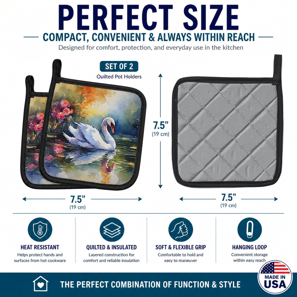 White Swan with Floral Reflection Watercolor Pot Holder Set of 2 Heat Resistant Quilted Hot Pads 7.5 x 7.5 Inch, Insulated Kitchen Trivets for Cooking & Baking