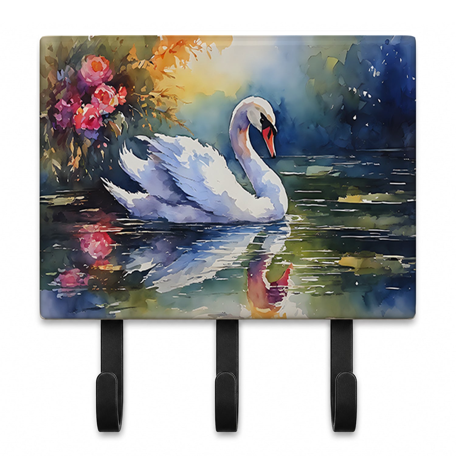 White Swan with Floral Reflection Watercolor Leash or Key Holder Wall Hooks, Coat Rack Wall Mount, for Hanging Keys, Towels, Aprons, Leashes