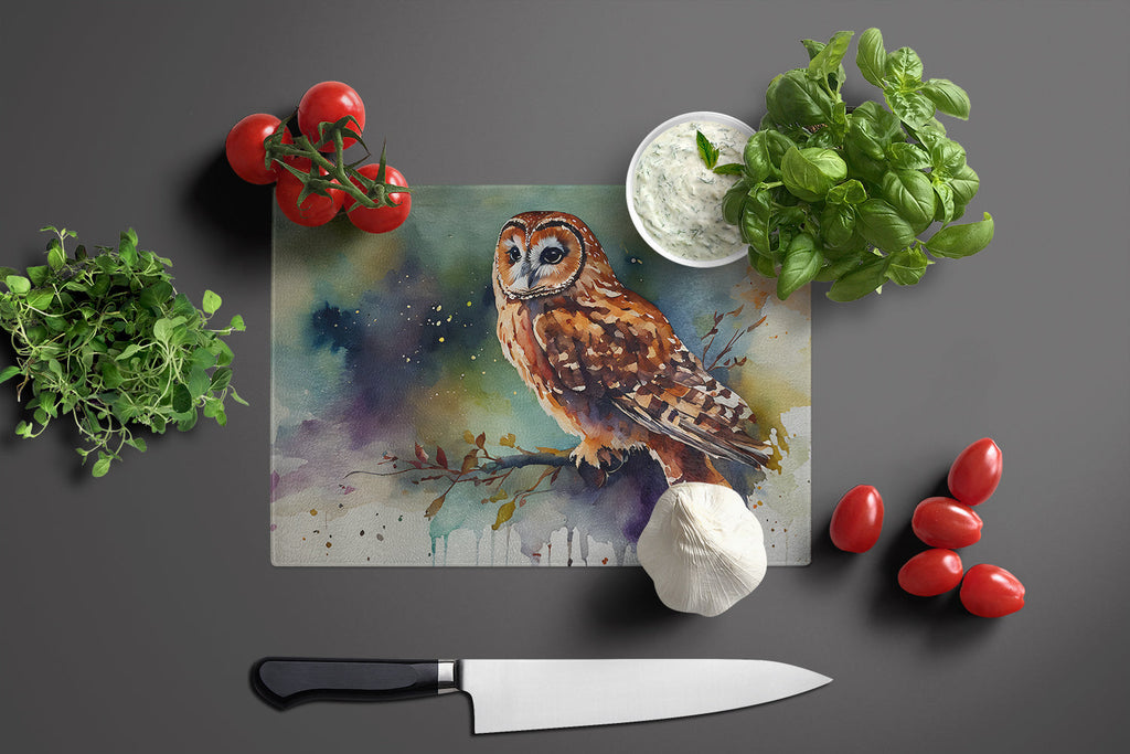 Tawny Owl Portrait Natural Watercolor Cutting Board Tempered Glass Kitchen Cutting Surface, Heat Resistant Chopping, Non-Slip Feet, Food Prep & Serving