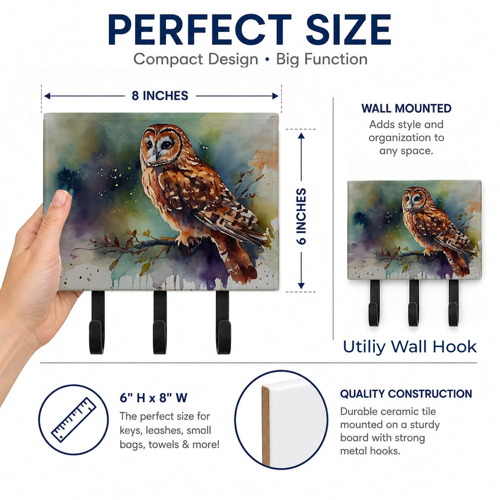 Tawny Owl Portrait Natural Watercolor Leash or Key Holder Wall Hooks, Coat Rack Wall Mount, for Hanging Keys, Towels, Aprons, Leashes