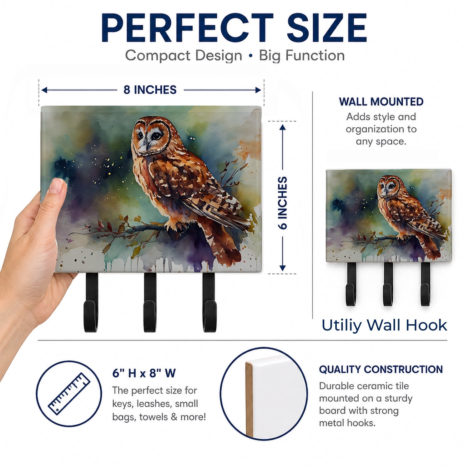 Tawny Owl Portrait Natural Watercolor Leash or Key Holder Wall Hooks, Coat Rack Wall Mount, for Hanging Keys, Towels, Aprons, Leashes