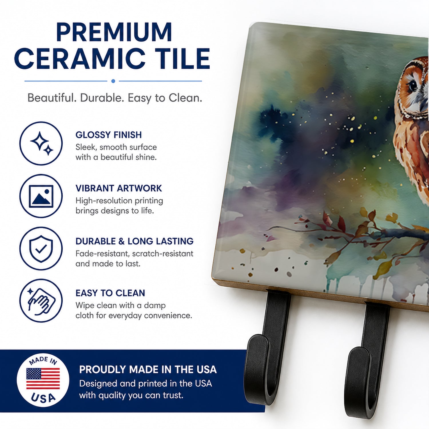 Tawny Owl Portrait Natural Watercolor Leash or Key Holder Wall Hooks, Coat Rack Wall Mount, for Hanging Keys, Towels, Aprons, Leashes