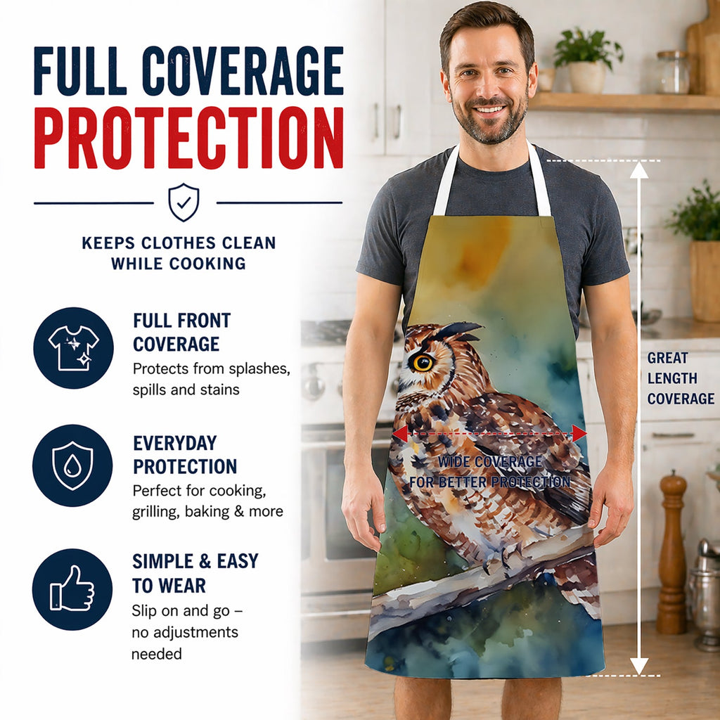 Tawny Owl on Branch Watercolor Apron Cooking Kitchen Server Baking Crafts Gardening for Adult Women Men, Unisex, Large, Multicolor