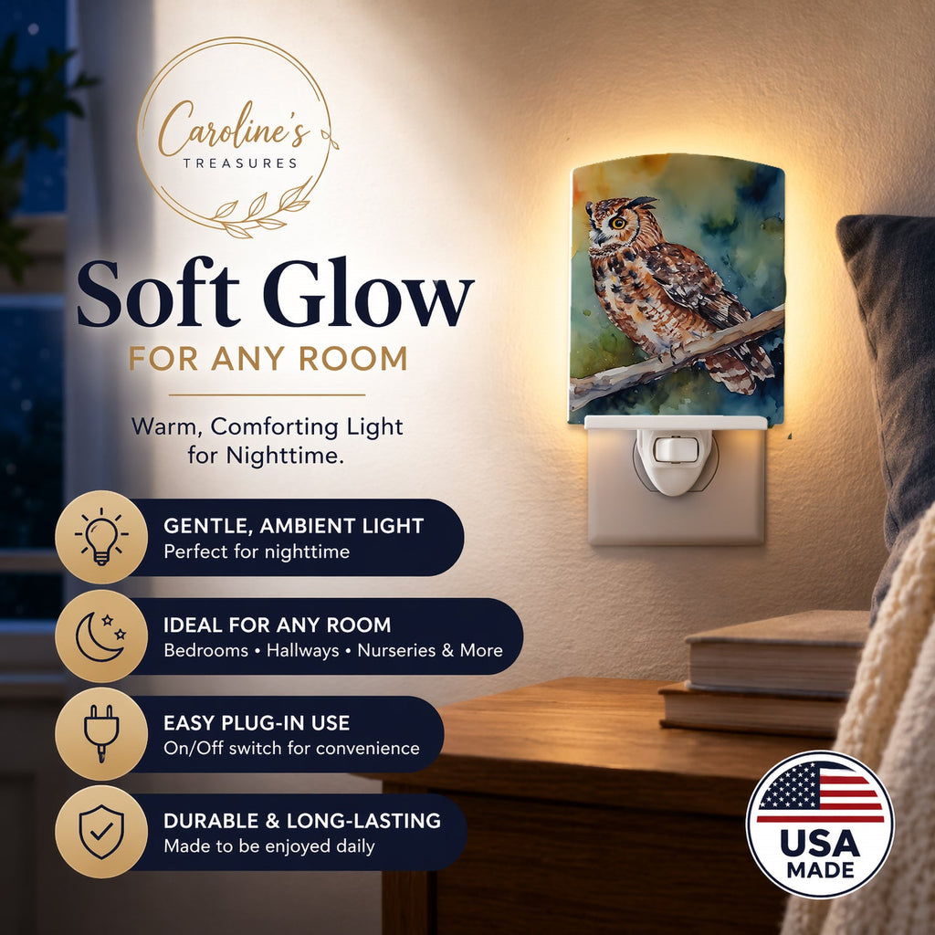 Tawny Owl on Branch Watercolor Ceramic Night Light Compact, UL-Certified, Ideal for Bedroom, Bathroom, Nursery, Hallway, Kitchen, 6x4x3, Multicolor