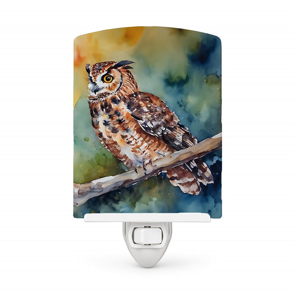 Tawny Owl on Branch Watercolor Ceramic Night Light Compact, UL-Certified, Ideal for Bedroom, Bathroom, Nursery, Hallway, Kitchen, 6x4x3, Multicolor