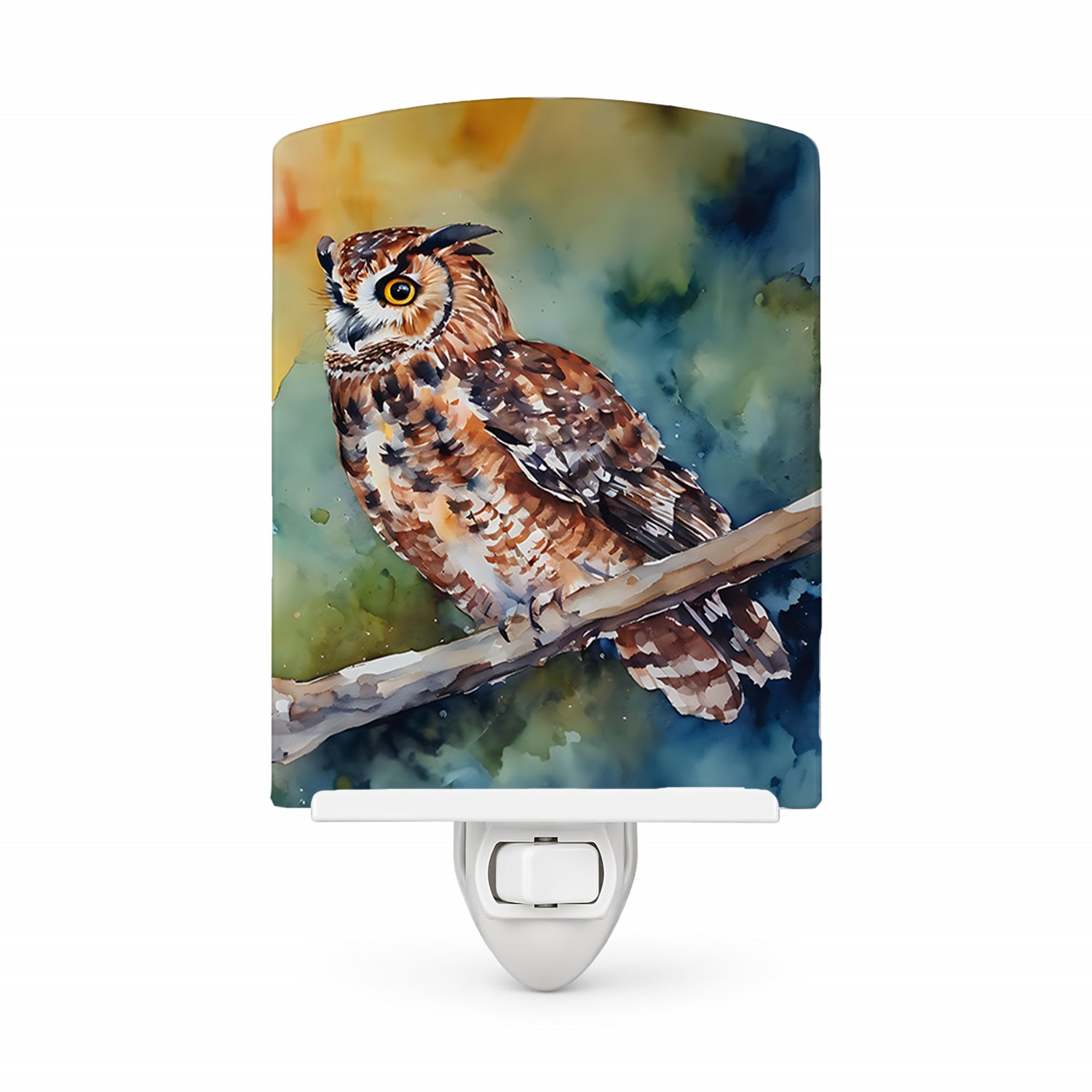 Tawny Owl on Branch Watercolor Ceramic Night Light Compact, UL-Certified, Ideal for Bedroom, Bathroom, Nursery, Hallway, Kitchen, 6x4x3, Multicolor