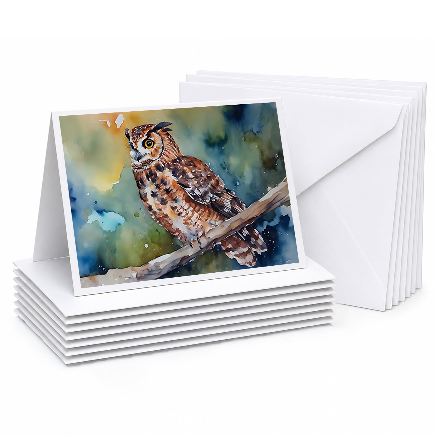 Tawny Owl on Branch Watercolor Greeting Cards Pack of 8 Blank Cards with Envelopes Whimsical A7 Size 5x7