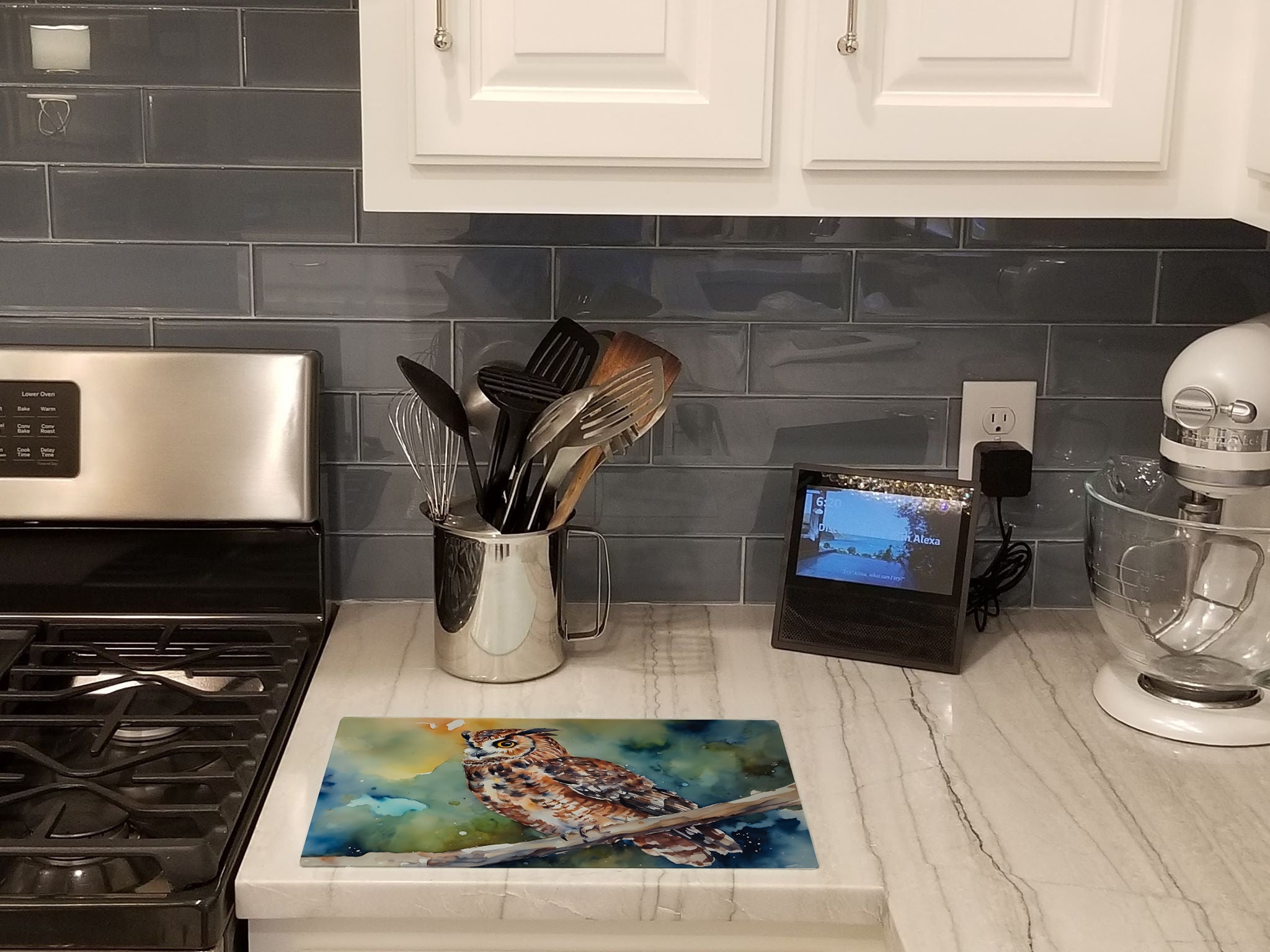Tawny Owl on Branch Watercolor Cutting Board Tempered Glass Kitchen Cutting Surface, Heat Resistant Chopping, Non-Slip Feet, Food Prep & Serving