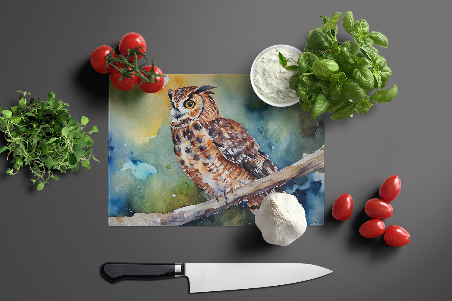 Tawny Owl on Branch Watercolor Cutting Board Tempered Glass Kitchen Cutting Surface, Heat Resistant Chopping, Non-Slip Feet, Food Prep & Serving
