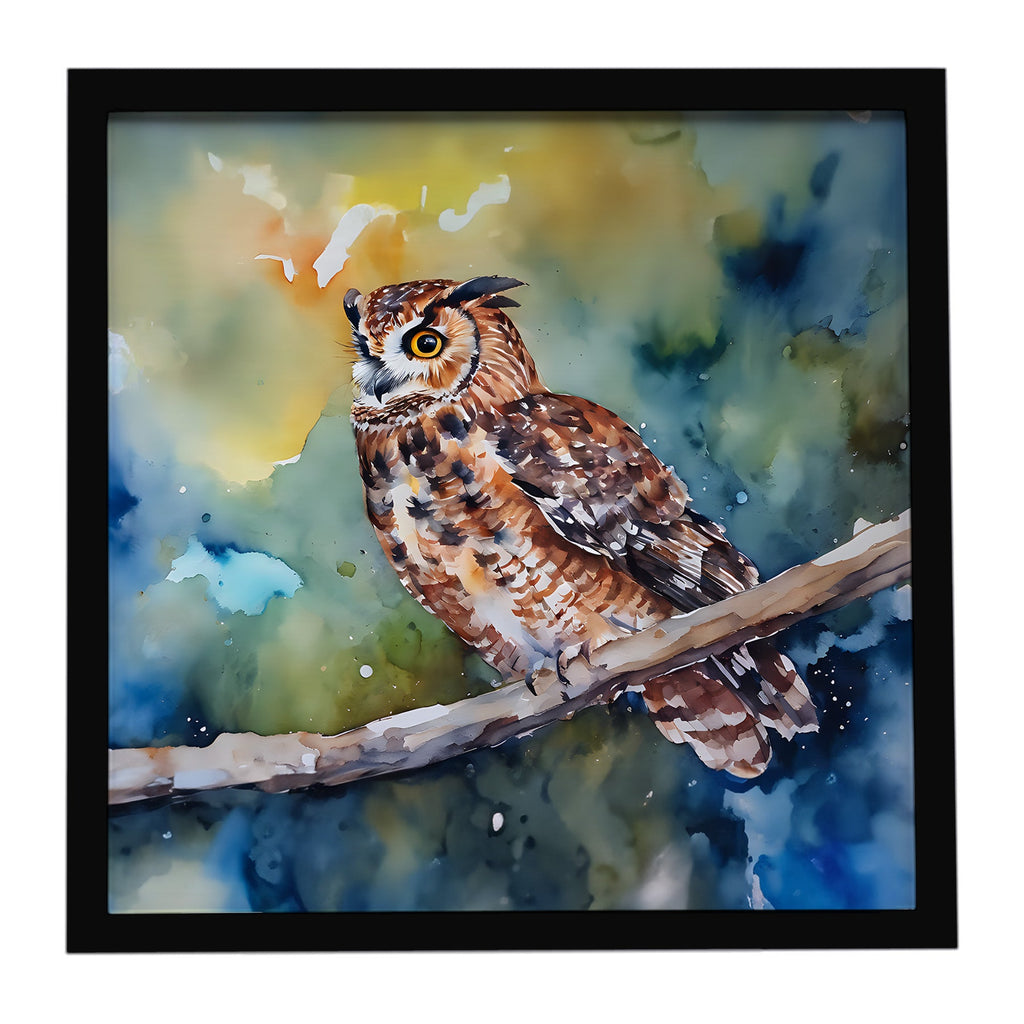Tawny Owl on Branch Watercolor Framed Metal Print Bathroom, Kitchen, Office, Home Decor Wall Art Ready to Hang, Square, 8X8