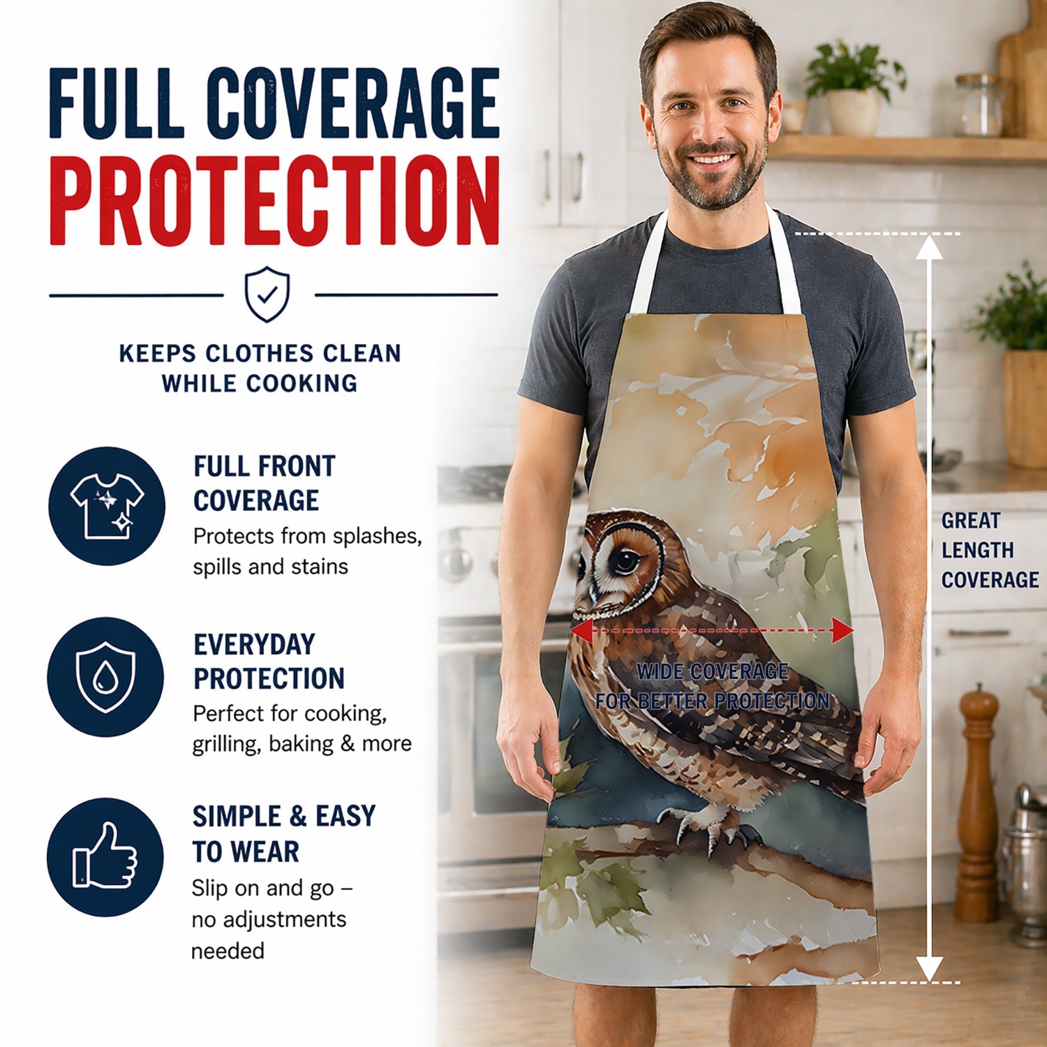 Tawny Owl Soft Background Watercolor Apron Cooking Kitchen Server Baking Crafts Gardening for Adult Women Men, Unisex, Large, Multicolor