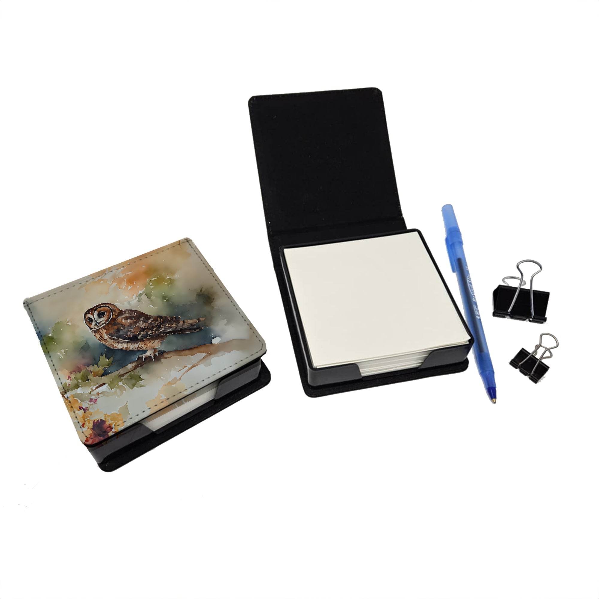 Tawny Owl Soft Background Watercolor PU Leather Note Paper Holder with Artist-Designed Cover, Desk Accessory, Office Gift