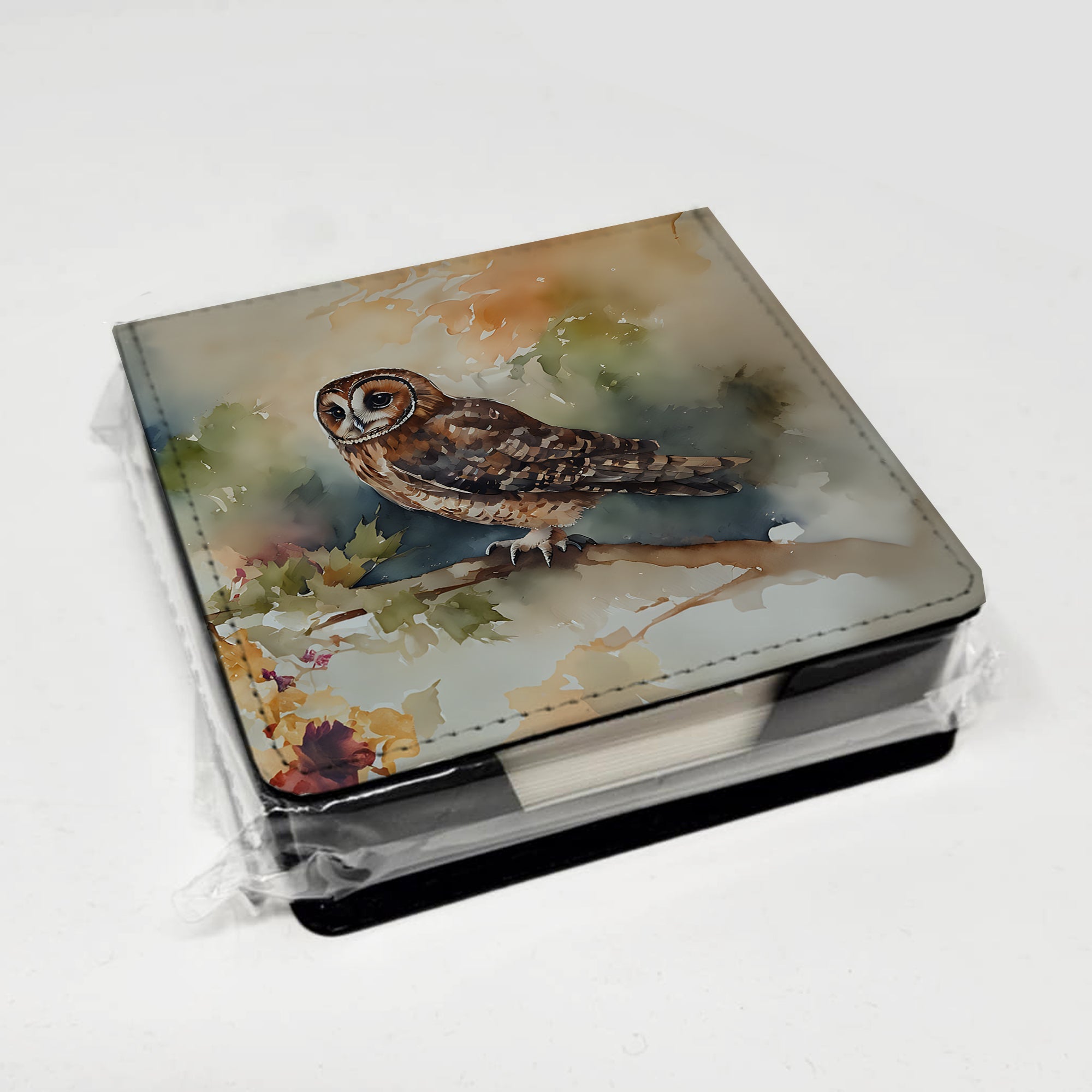 Tawny Owl Soft Background Watercolor PU Leather Note Paper Holder with Artist-Designed Cover, Desk Accessory, Office Gift