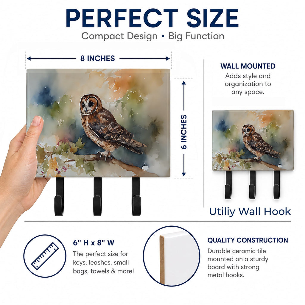 Tawny Owl Soft Background Watercolor Leash or Key Holder Wall Hooks, Coat Rack Wall Mount, for Hanging Keys, Towels, Aprons, Leashes