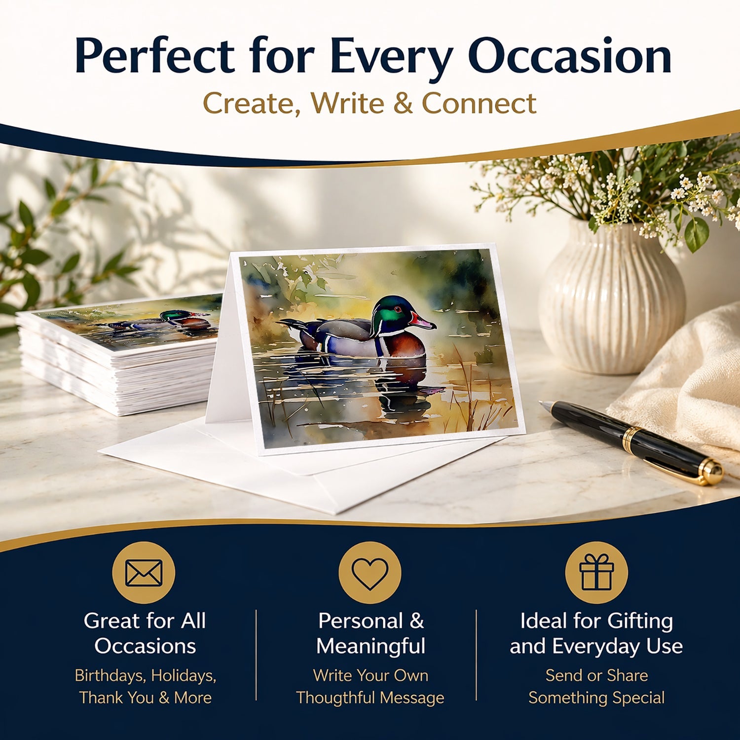 Wood Duck Swimming Pond Watercolor Greeting Cards Pack of 8 Blank Cards with Envelopes Whimsical A7 Size 5x7