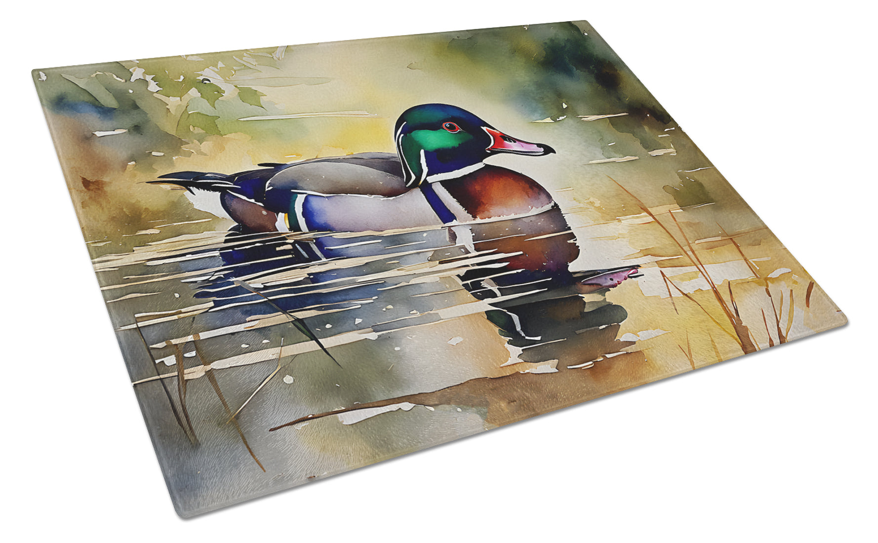 Wood Duck Swimming Pond Watercolor Cutting Board Tempered Glass Kitchen Cutting Surface, Heat Resistant Chopping, Non-Slip Feet, Food Prep & Serving