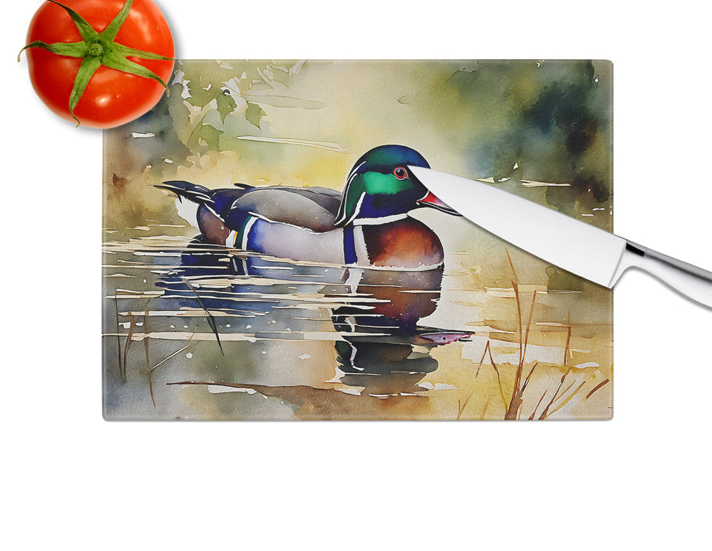 Wood Duck Swimming Pond Watercolor Cutting Board Tempered Glass Kitchen Cutting Surface, Heat Resistant Chopping, Non-Slip Feet, Food Prep & Serving