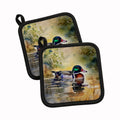Wood Duck Swimming Pond Watercolor Pot Holder Set of 2 Heat Resistant Quilted Hot Pads 7.5 x 7.5 Inch, Insulated Kitchen Trivets for Cooking & Baking