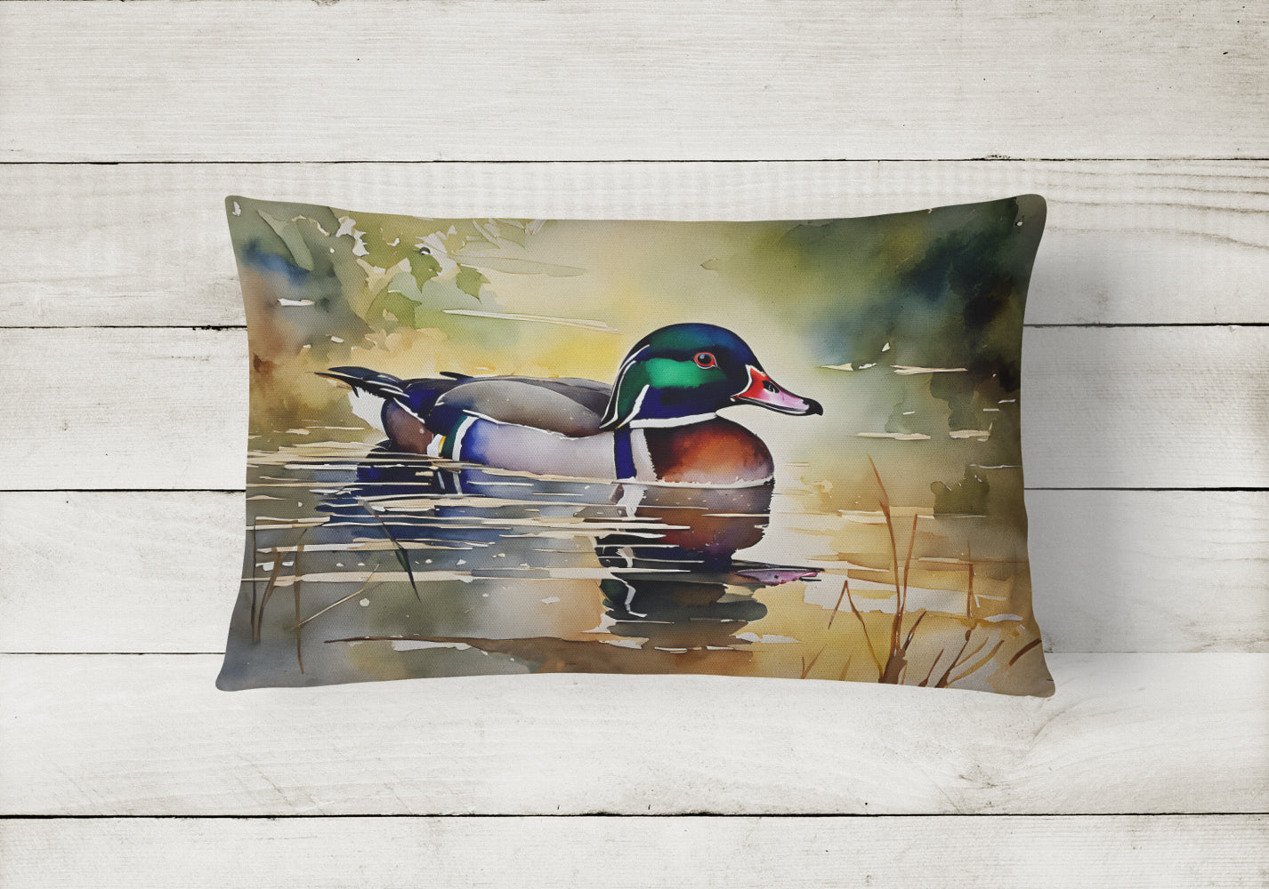 Wood Duck Swimming Pond Watercolor Decorative Throw Pillow 12x16 Indoor Outdoor Accent Cushion, Fabric Cover with Insert for Sofa, Bed, Porch & Living Room