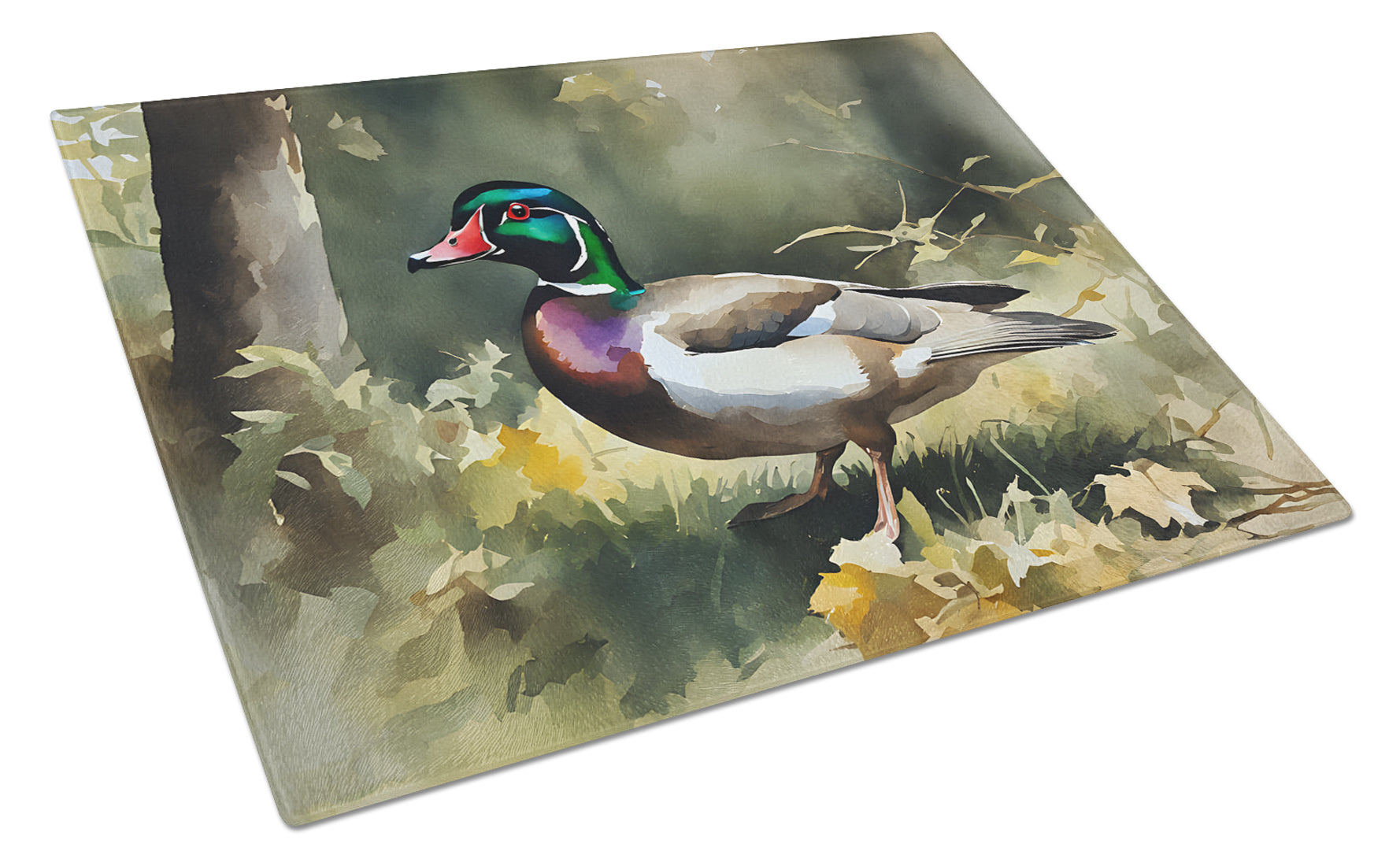 Wood Duck Standing Forest Floor Watercolor Cutting Board Tempered Glass Kitchen Cutting Surface, Heat Resistant Chopping, Non-Slip Feet, Food Prep & Serving