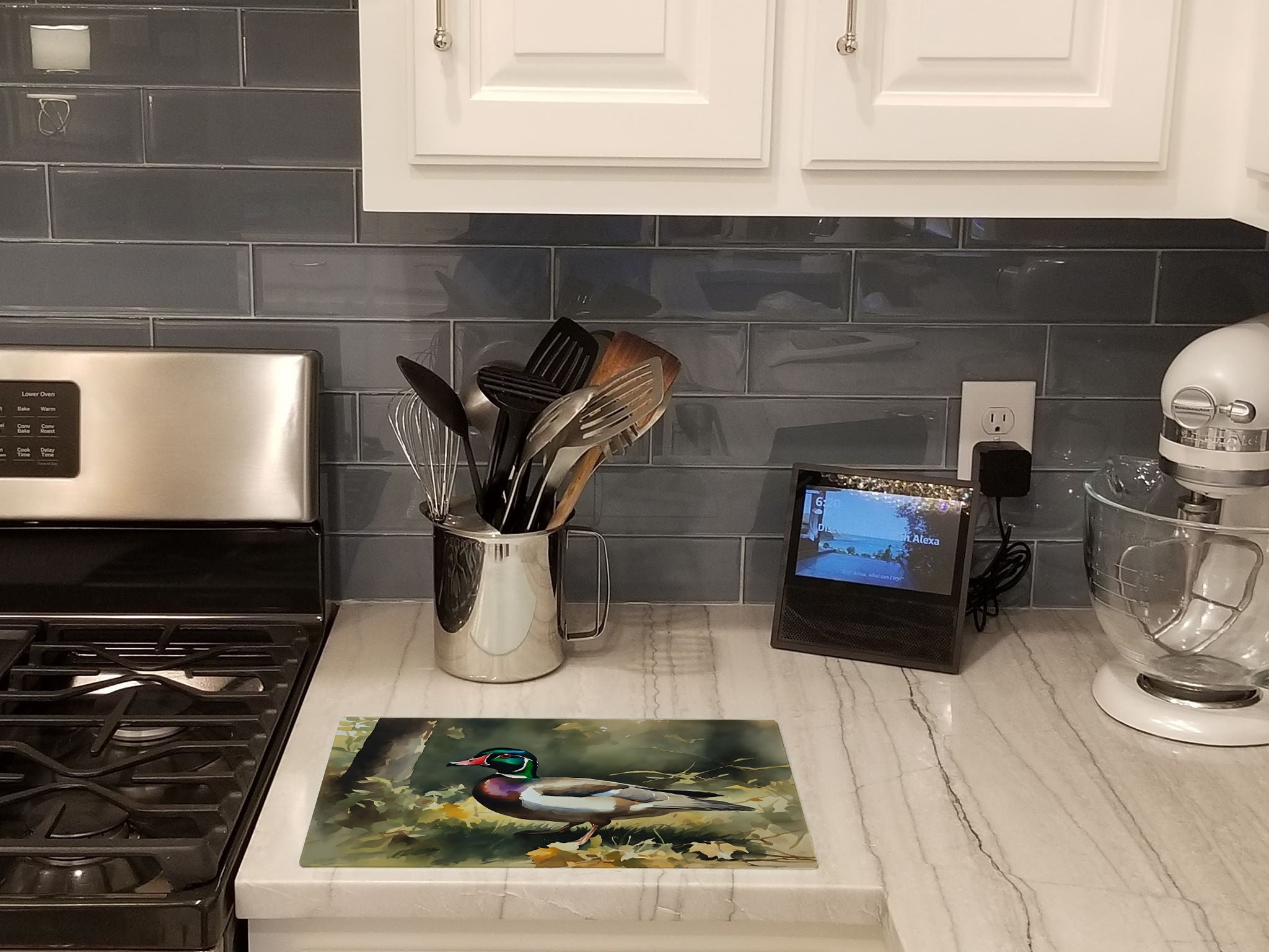 Wood Duck Standing Forest Floor Watercolor Cutting Board Tempered Glass Kitchen Cutting Surface, Heat Resistant Chopping, Non-Slip Feet, Food Prep & Serving
