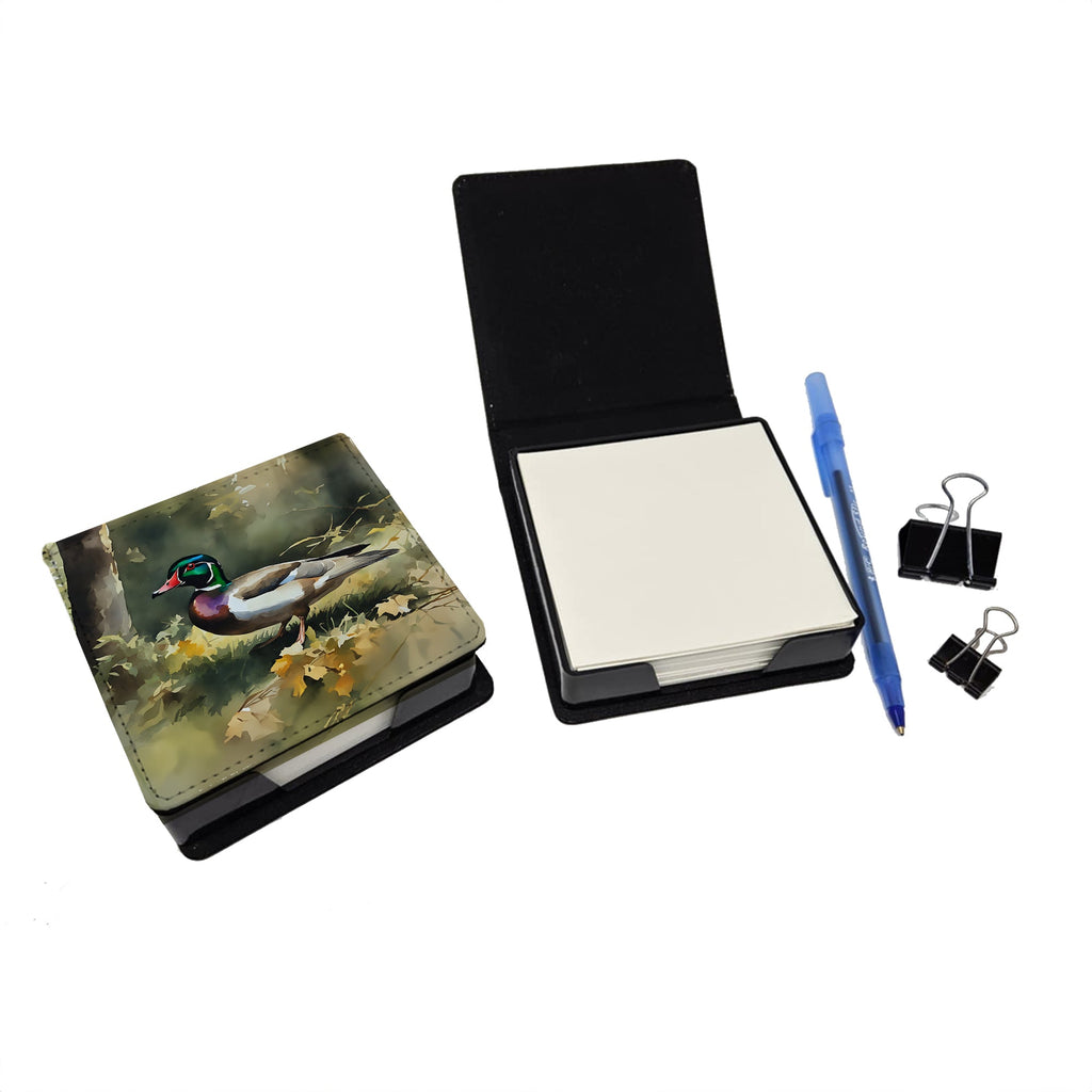 Wood Duck Standing Forest Floor Watercolor PU Leather Note Paper Holder with Artist-Designed Cover, Desk Accessory, Office Gift