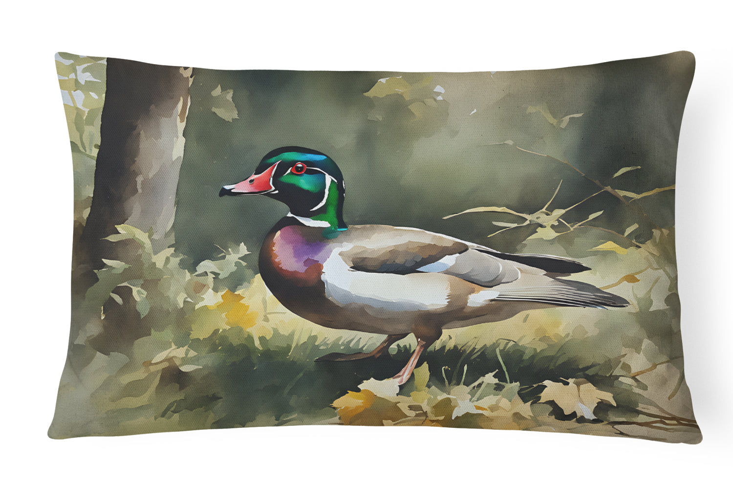 Wood Duck Standing Forest Floor Watercolor Decorative Throw Pillow 12x16 Indoor Outdoor Accent Cushion, Fabric Cover with Insert for Sofa, Bed, Porch & Living Room