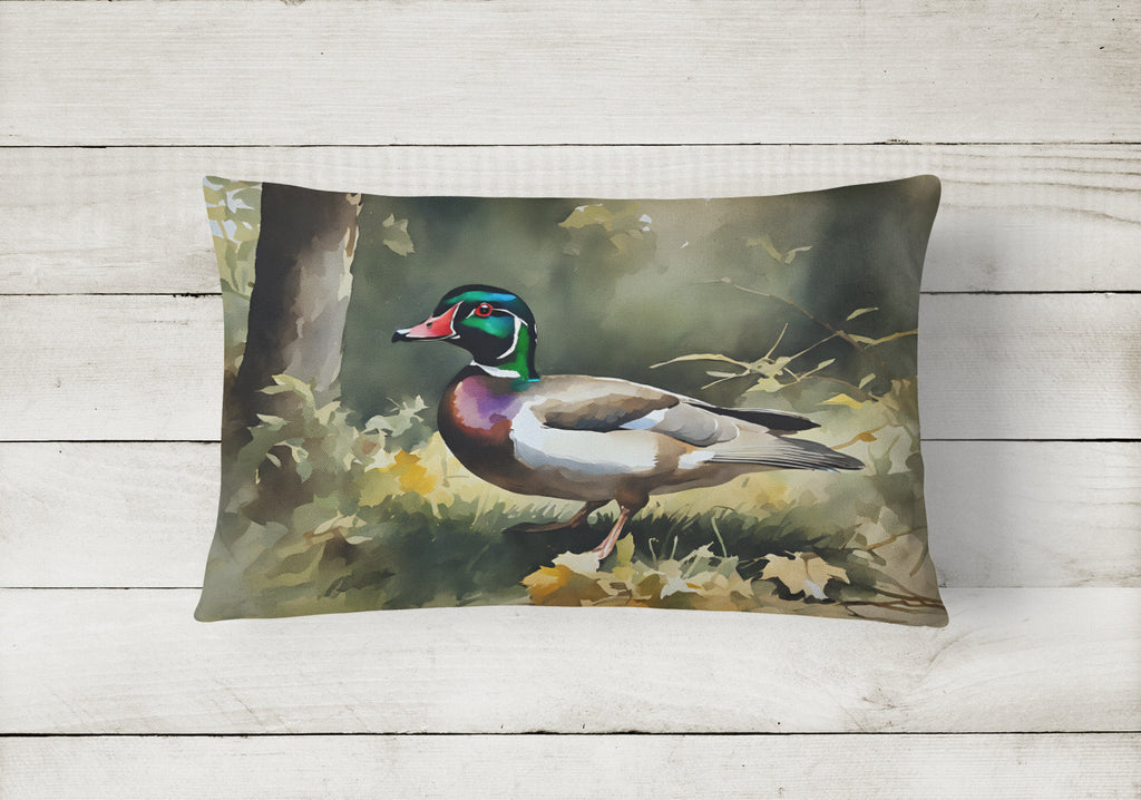 Wood Duck Standing Forest Floor Watercolor Decorative Throw Pillow 12x16 Indoor Outdoor Accent Cushion, Fabric Cover with Insert for Sofa, Bed, Porch & Living Room
