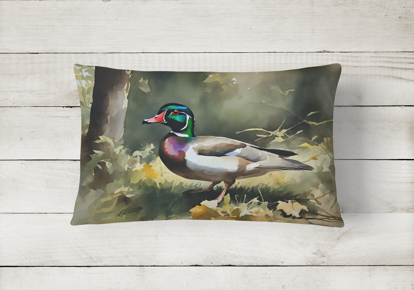 Wood Duck Standing Forest Floor Watercolor Decorative Throw Pillow 12x16 Indoor Outdoor Accent Cushion, Fabric Cover with Insert for Sofa, Bed, Porch & Living Room