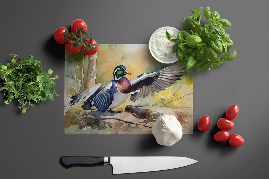 Wood Duck Taking Flight Watercolor Cutting Board Tempered Glass Kitchen Cutting Surface, Heat Resistant Chopping, Non-Slip Feet, Food Prep & Serving
