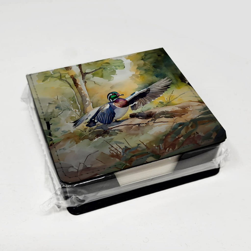 Wood Duck Taking Flight Watercolor PU Leather Note Paper Holder with Artist-Designed Cover, Desk Accessory, Office Gift