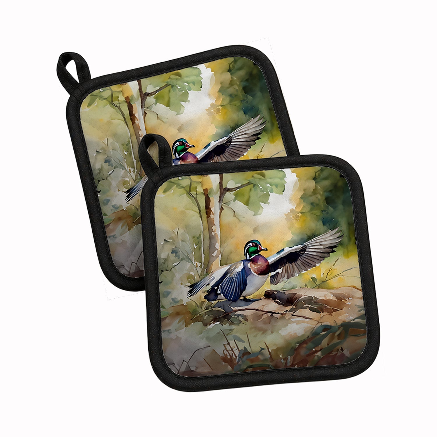 Wood Duck Taking Flight Watercolor Pot Holder Set of 2 Heat Resistant Quilted Hot Pads 7.5 x 7.5 Inch, Insulated Kitchen Trivets for Cooking & Baking
