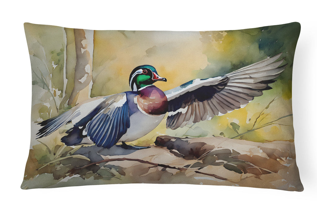 Wood Duck Taking Flight Watercolor Decorative Throw Pillow 12x16 Indoor Outdoor Accent Cushion, Fabric Cover with Insert for Sofa, Bed, Porch & Living Room