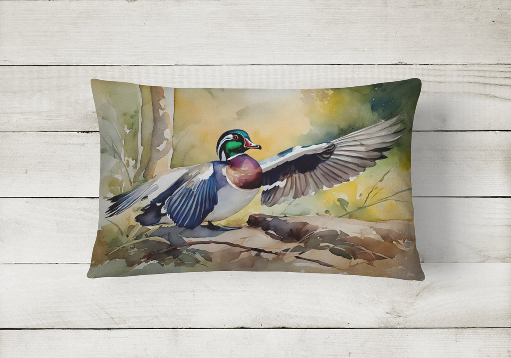 Wood Duck Taking Flight Watercolor Decorative Throw Pillow 12x16 Indoor Outdoor Accent Cushion, Fabric Cover with Insert for Sofa, Bed, Porch & Living Room
