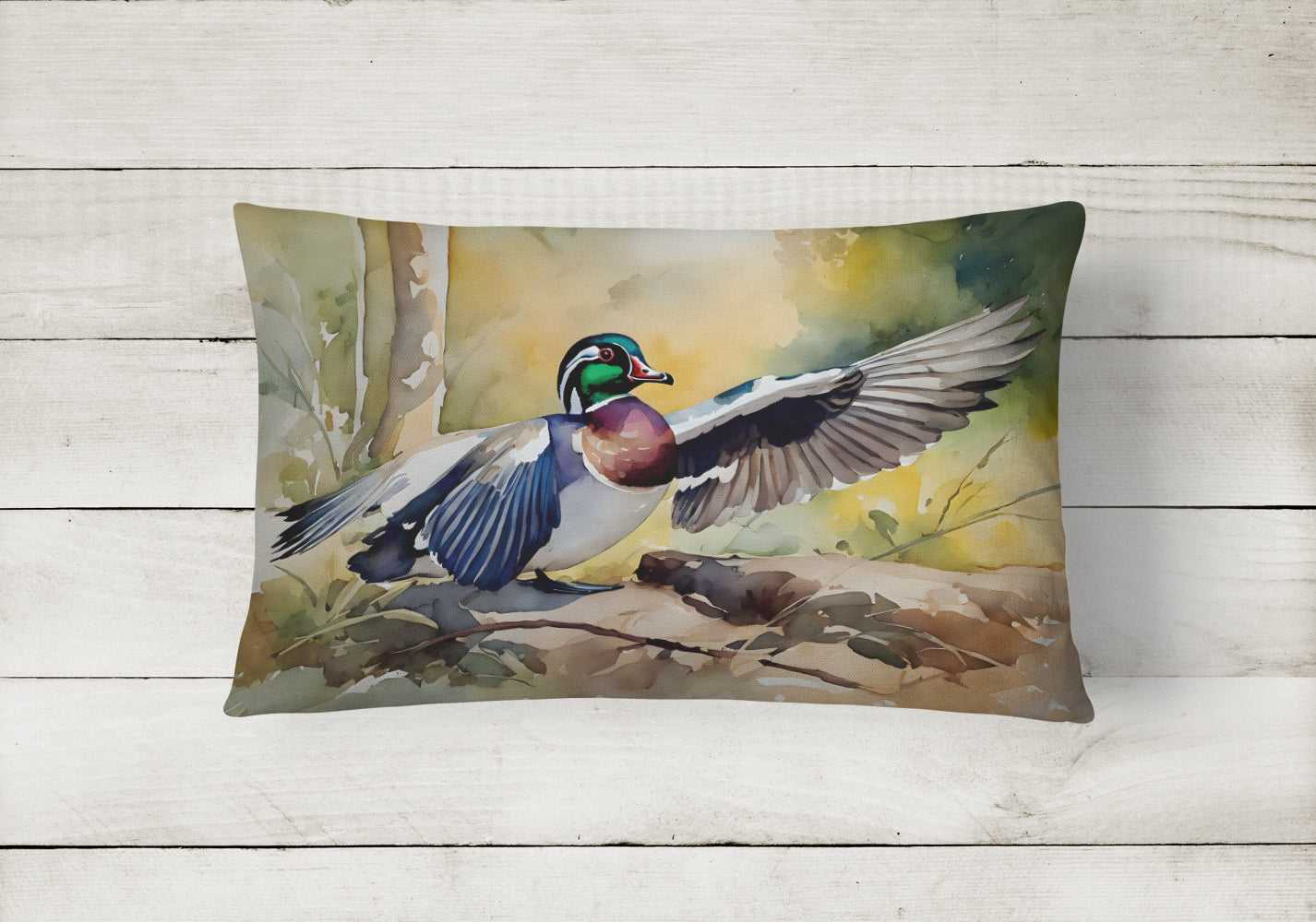 Wood Duck Taking Flight Watercolor Decorative Throw Pillow 12x16 Indoor Outdoor Accent Cushion, Fabric Cover with Insert for Sofa, Bed, Porch & Living Room